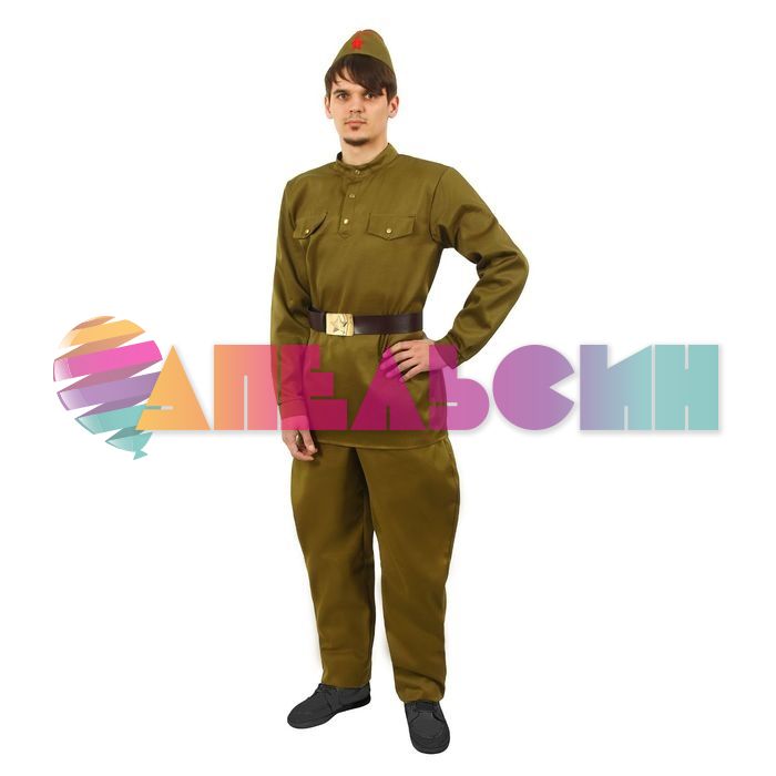 Костюм Военный 4в1 (гимнастерка, брюки, ремень, фуражка) р/р 50-52 1338527-ПРОКАТ