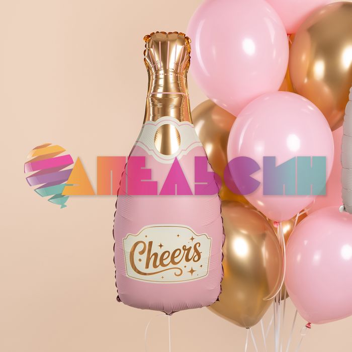 Шар фигура Бутылка Шампанское Cheers розовый FL34"/85см (Китай) сатин 29341