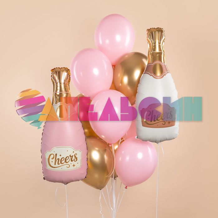 Шар фигура Бутылка Шампанское Cheers розовый FL34"/85см (Китай) сатин 29341