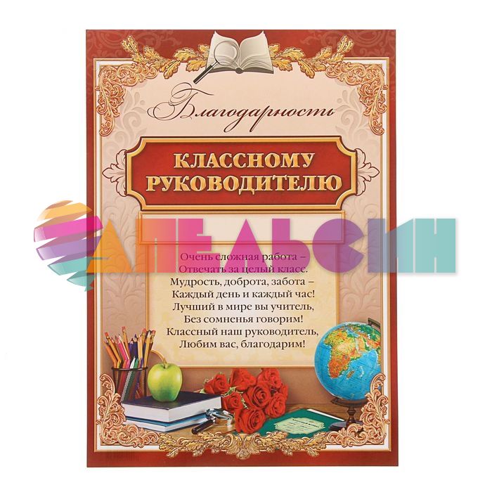 Благодарность Классному руководителю 21х30см картон 1220132