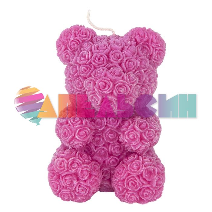 Cвеча Мишка в розах розовый 7х8,5см 3902