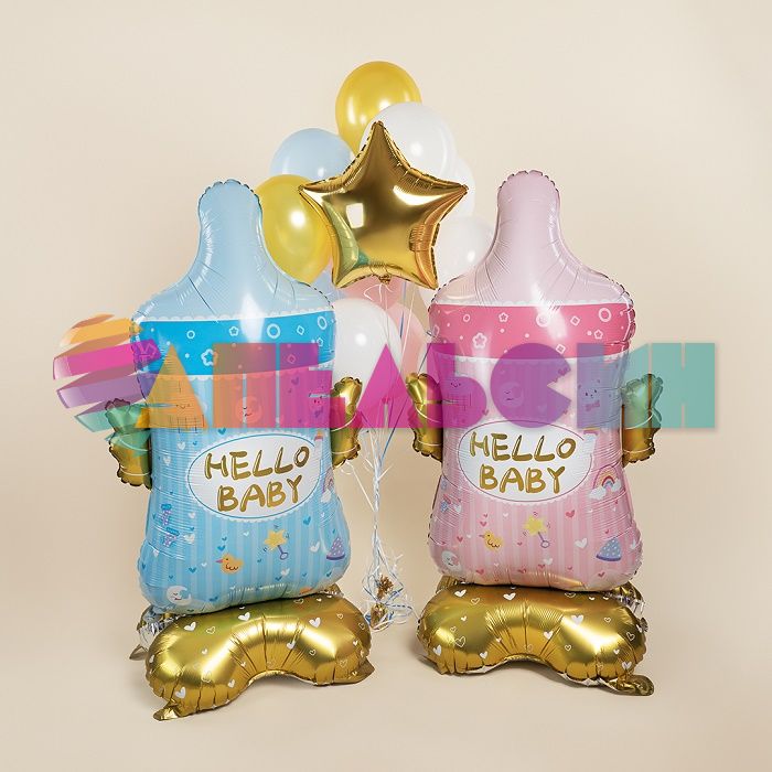 Шар ХОД Бутылочка HELLO BABY голубой FL61"/155см на подставке (Китай) воздух 26965