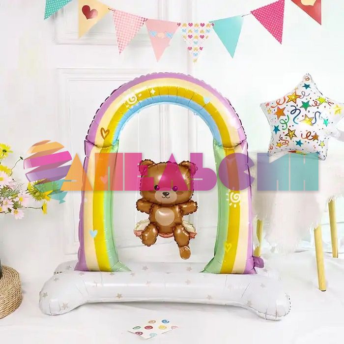 Шар ХОД Мишка на качелях FL39"/99см на подставке (Китай) воздух 23948