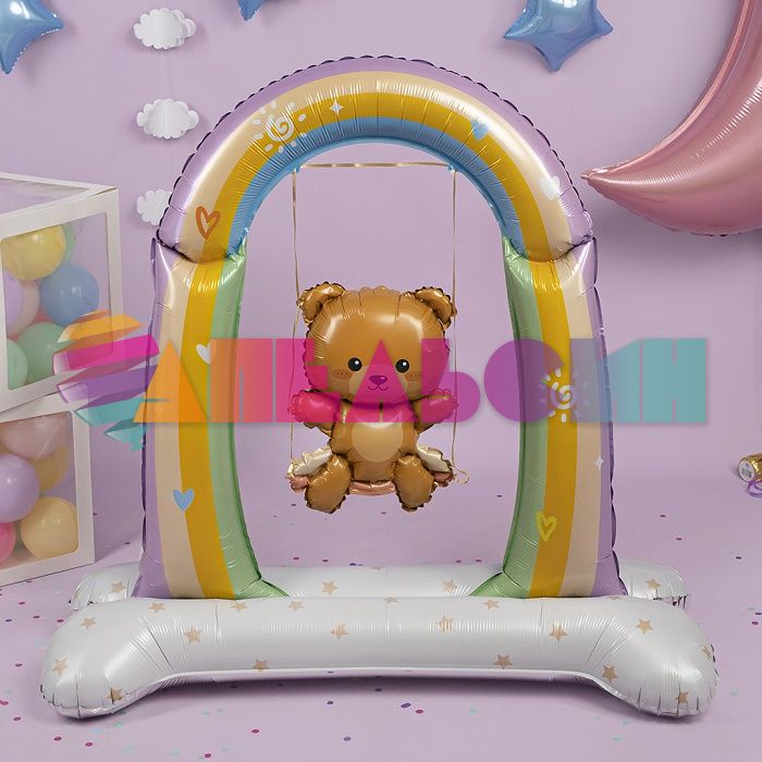 Шар ХОД Мишка на качелях FL39"/99см на подставке (Китай) воздух 23948