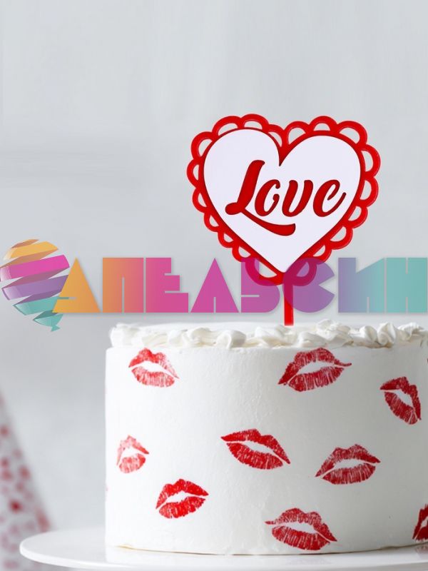 Топпер LOVE сердце красные рюшечки 10х16см пластик 9933990