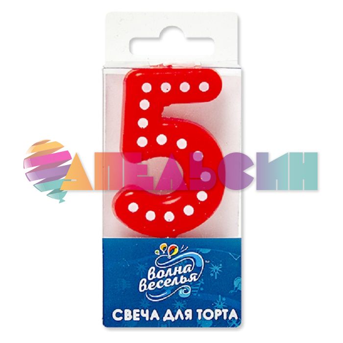 Свеча для торта Красный в белый горох 5 4,3см 803145