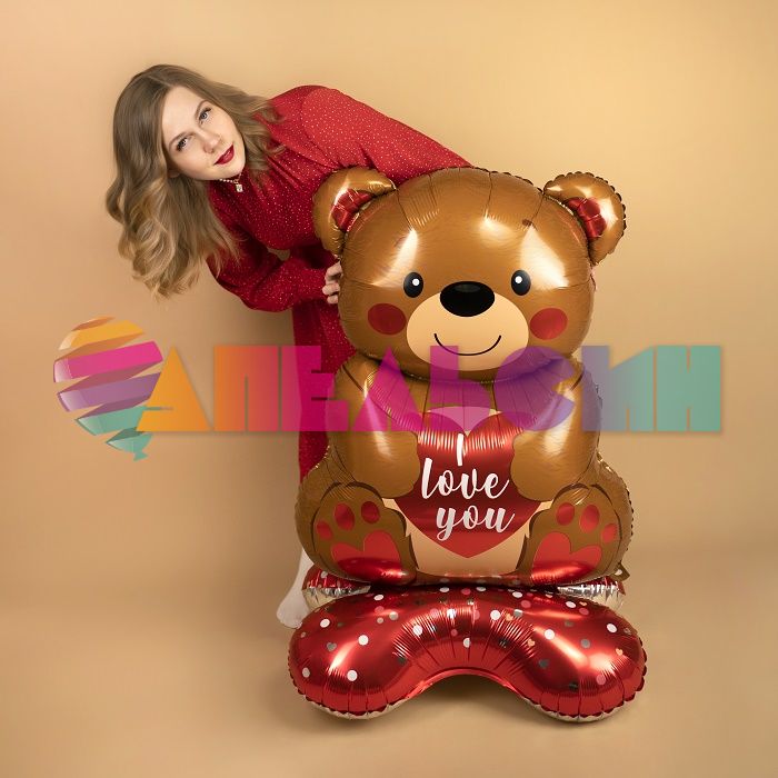 Шар ХОД Мишка с сердцем ILY FL58"/147см на подставке (Китай) воздух 23839