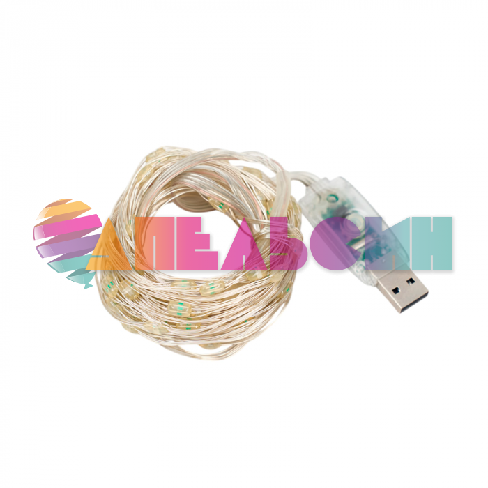ЭГ нить 20м Белый теплый Роса 200led IP20 USB с таймером и пультом 190132