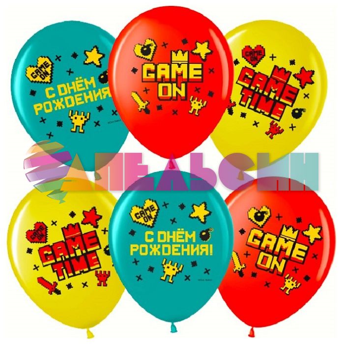 Шар латекс Пиксели Game Time С ДР 12"/30см 25шт/уп (Китай) 711469