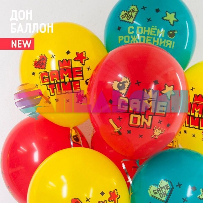 Шар латекс Пиксели Game Time С ДР 12"/30см 25шт/уп (Китай) 711469