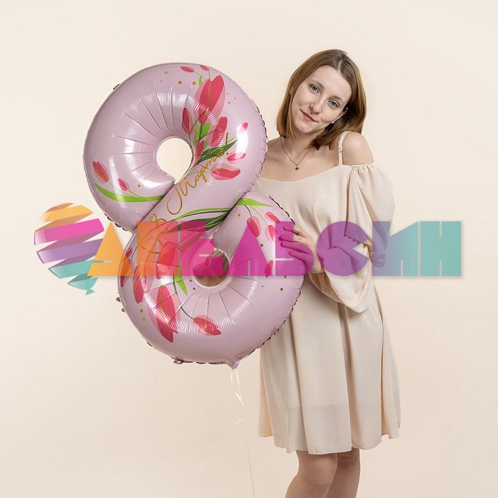 Шар цифра 8 Марта Тюльпаны FL34"/86см (Китай) R804