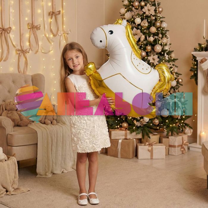 Шар фигура Лошадка-качалка белый с золотом Е37"/94см (Китай) 1207-5698