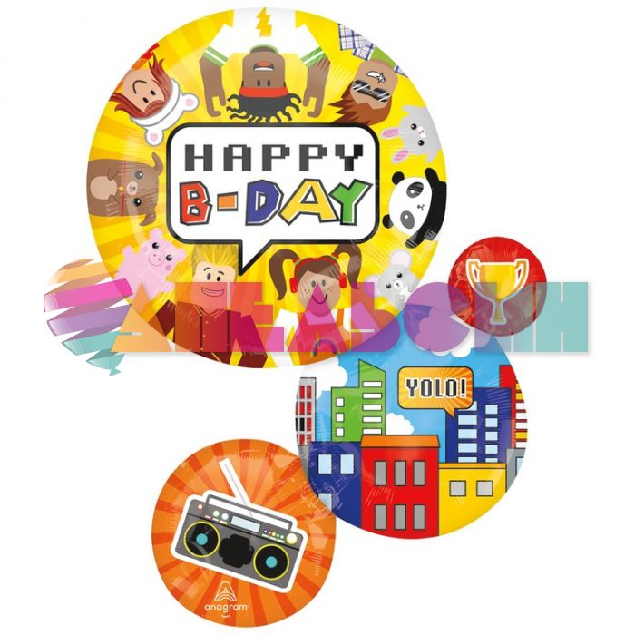 Шар фигура Виртуальный мир Блоки Happy B-Day A28"/71см (США) 1207-5131