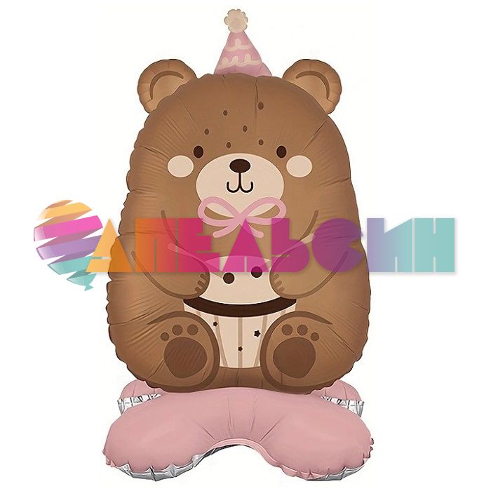 Шар ХОД Мишка в колпачке розовый FL24"/61см на подставке (Китай) воздух 26941