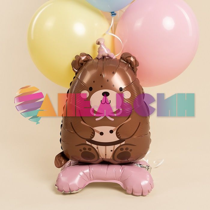 Шар ХОД Мишка в колпачке розовый FL24"/61см на подставке (Китай) воздух 26941
