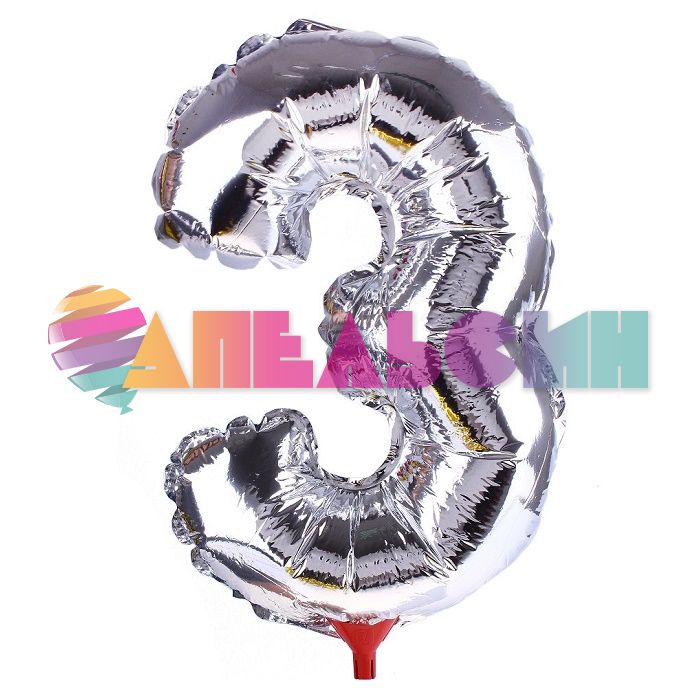 Шар цифра Серебро L16"/41см 3 (Китай) с розеткой 319468-РАСПРОДАЖА