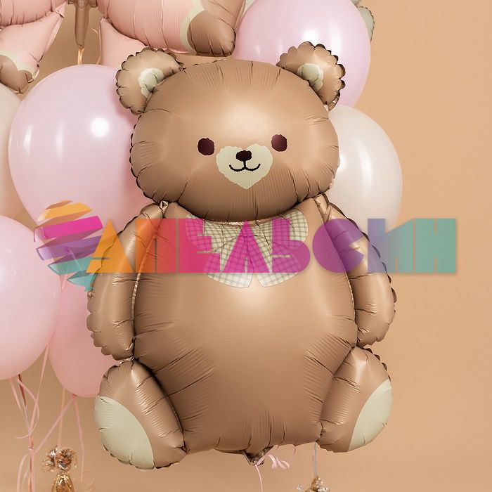 Шар фигура Мишка с бантом коричневый FL35"/89см (Китай) сатин 26011