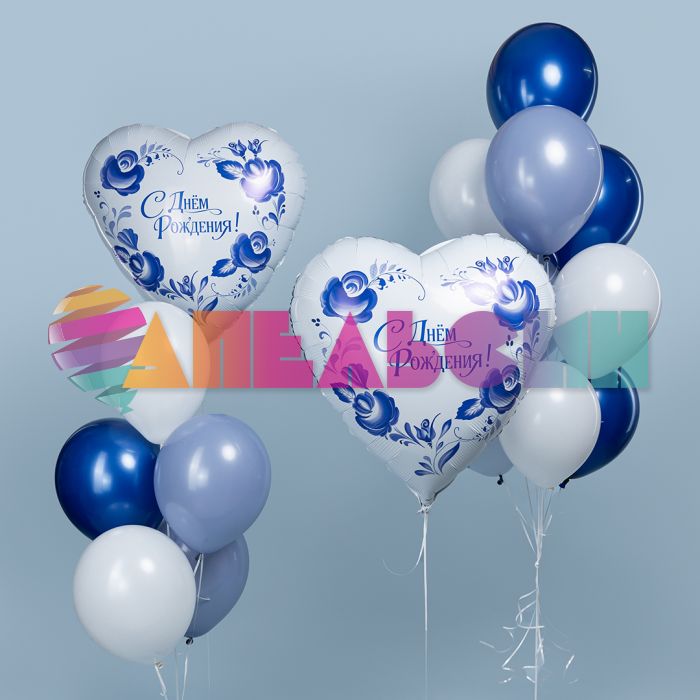 Шар фольга С ДР Гжель AG30"/76см сердце (Россия) 943494